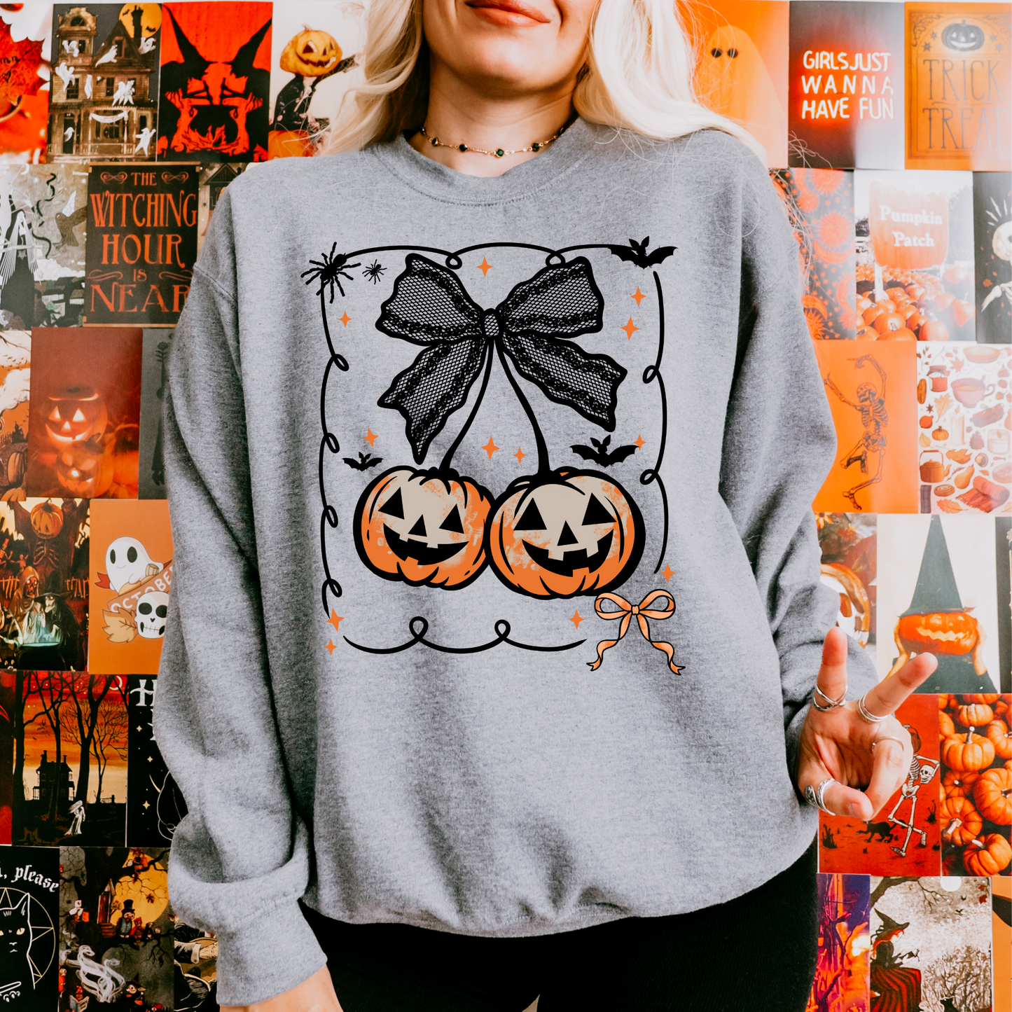 Lace Coquette Pumpkins Halloween Crewneck Sweatshirt