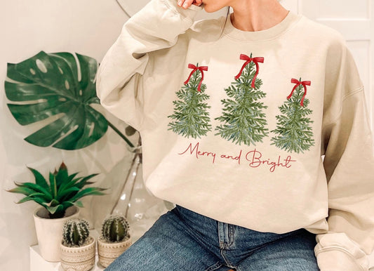 Merry & Bright | Christmas Tree Coquette Bow Christmas Crewneck Sweatshirt