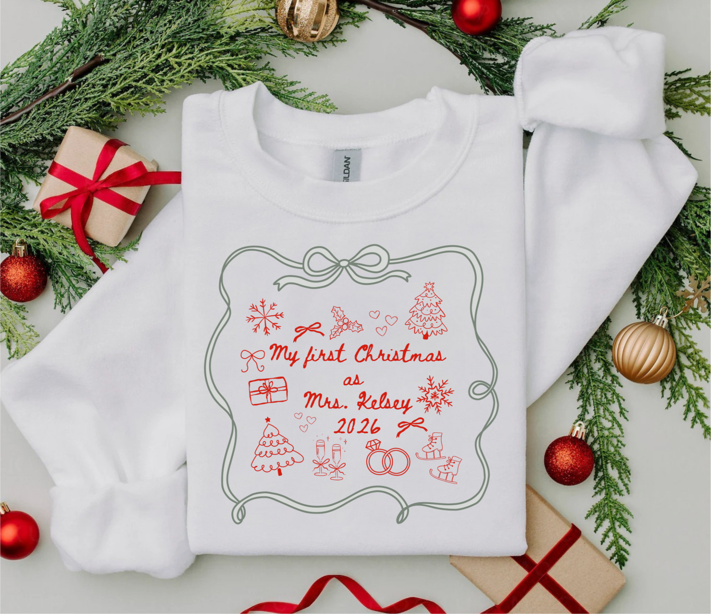 Custom Christmas Crewneck Sweatshirt – My First Christmas as Mrs. with Last Name | Personalized Newlywed Holiday Sweater with Bows for Women