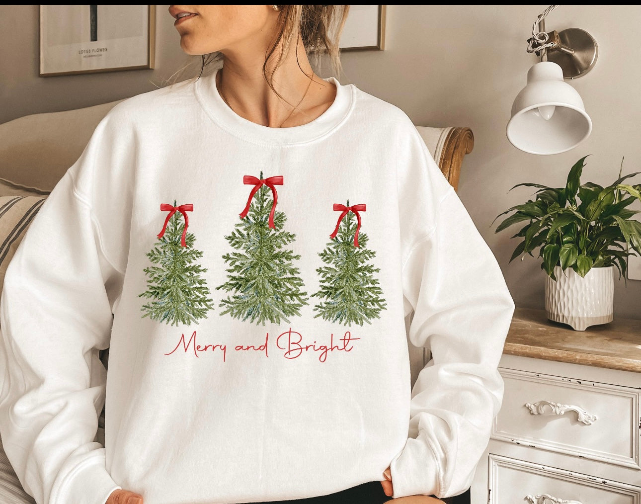 Merry & Bright | Christmas Tree Coquette Bow Christmas Crewneck Sweatshirt