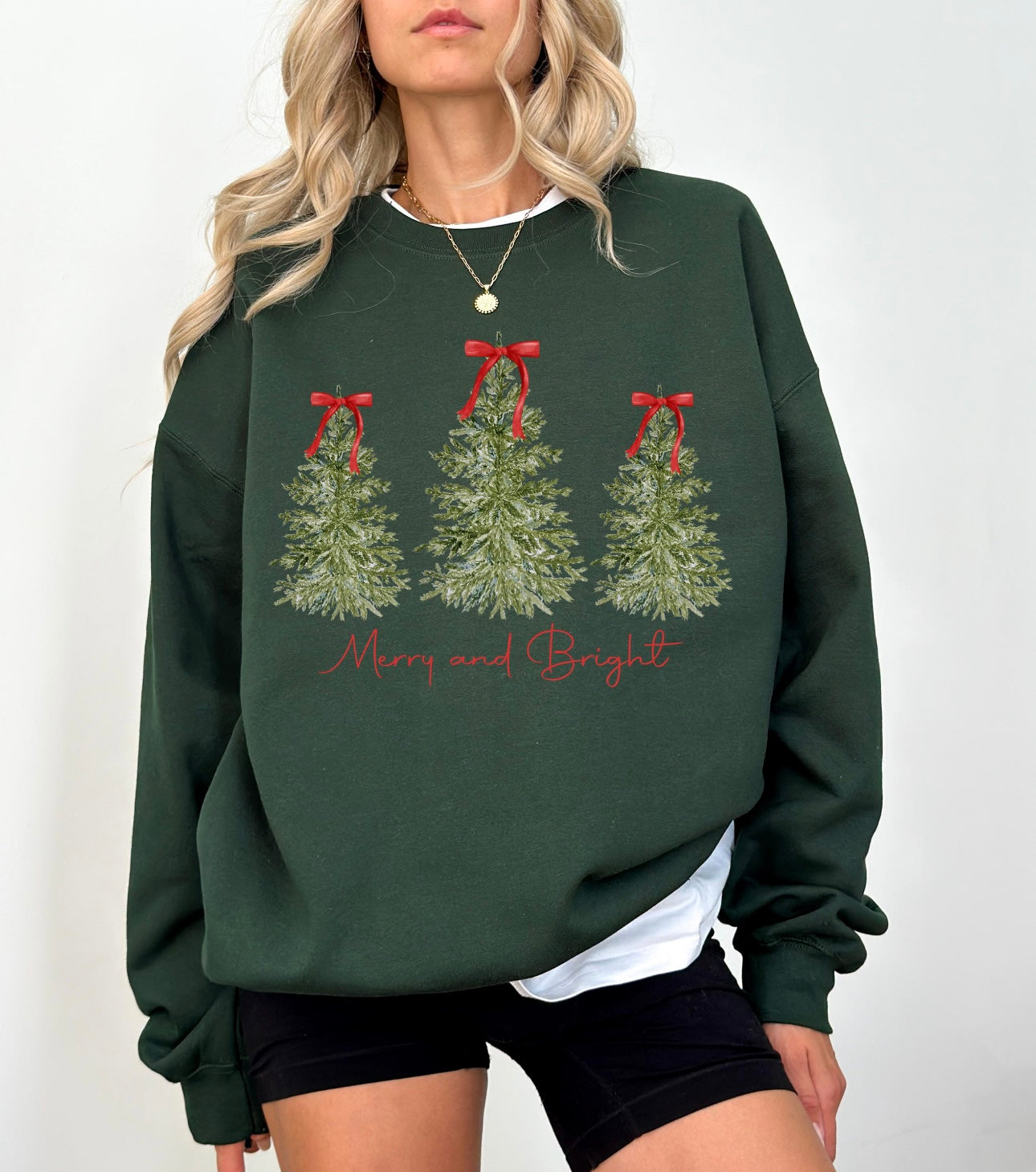 Merry & Bright | Christmas Tree Coquette Bow Christmas Crewneck Sweatshirt