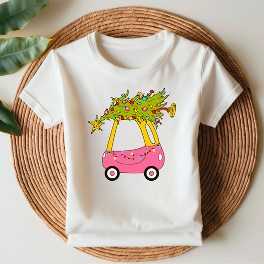 Girls Christmas Car Shirt • Little Pink Car with Tree