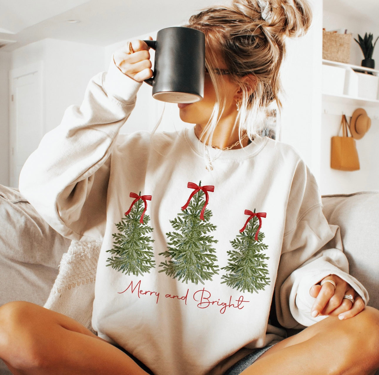 Merry & Bright | Christmas Tree Coquette Bow Christmas Crewneck Sweatshirt