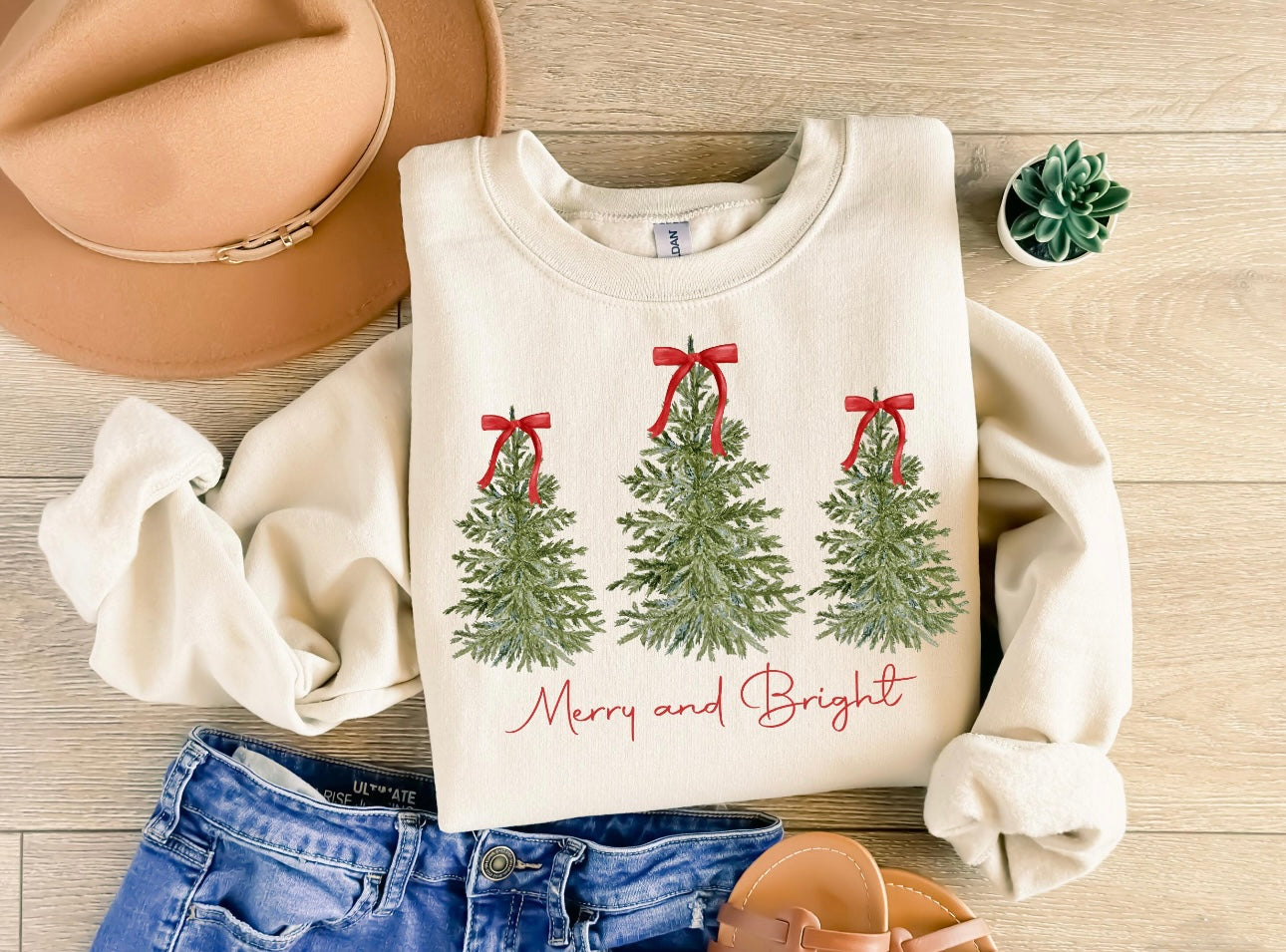 Merry & Bright | Christmas Tree Coquette Bow Christmas Crewneck Sweatshirt