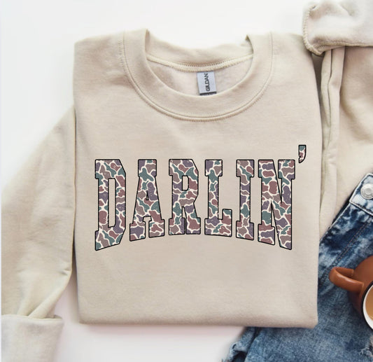Darlin’ Camo Varsity Crewneck