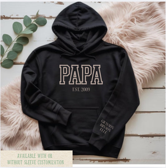 Custom Dad Grandpa Uncle Hoodie with Kids Names on Sleeve, Personalized Family Hoodie Gift, Est Year Pullover, Father’s Day Birthday Christmas Gift