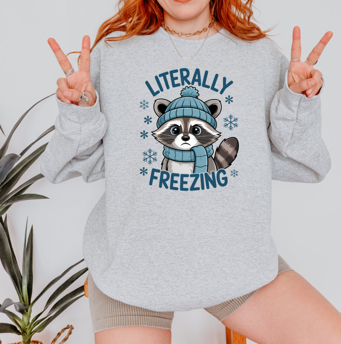 Literally Freezing Raccoon Sweatshirt | Funny Winter Crewneck | Cozy Cold Weather Graphic | Gildan 18500