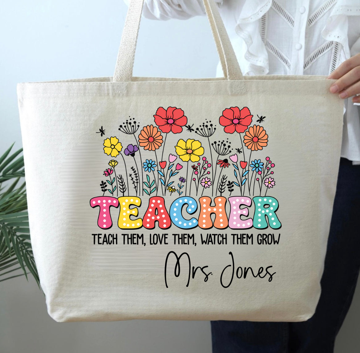 Personalized Teacher Floral Zippered Tote Bag with Name