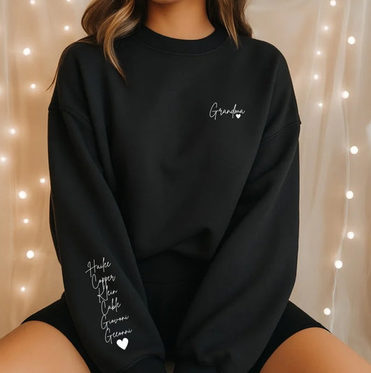 Custom Grandma Name Crewneck Sweatshirt with Kids’ Names on Sleeve Personalized Gildan 18000 Crewneck | Gift for Grandma, Nana, Mimi, Gigi