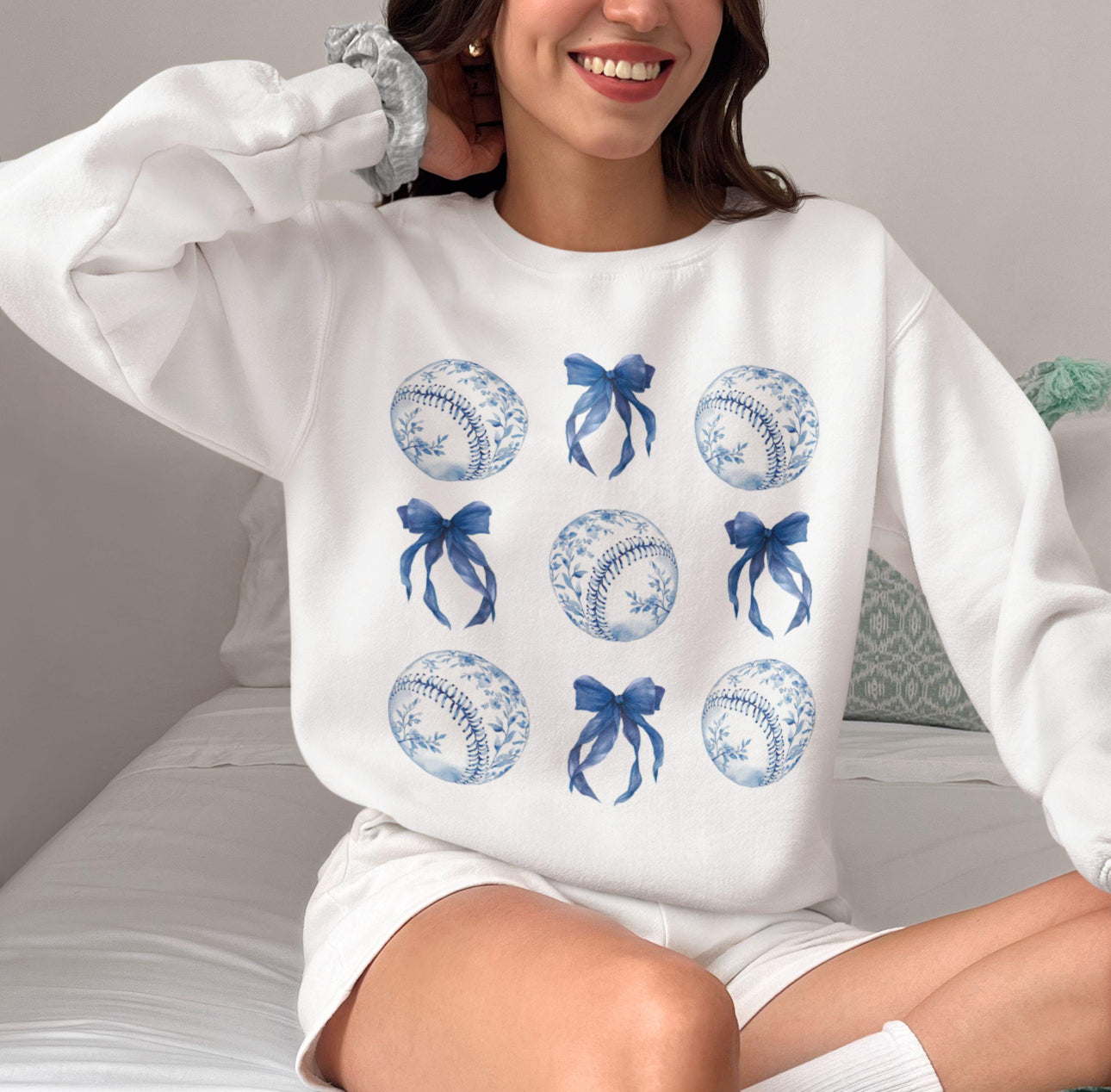 Preppy Blue Baseball Crewneck Sweatshirt