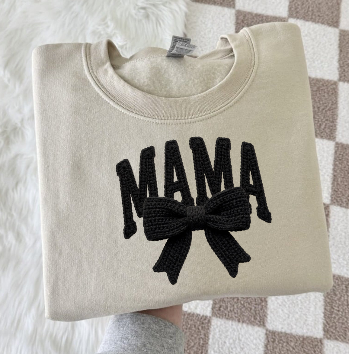 MAMA FAUX YARN BOW CREWNECK SWEATSHIRT
