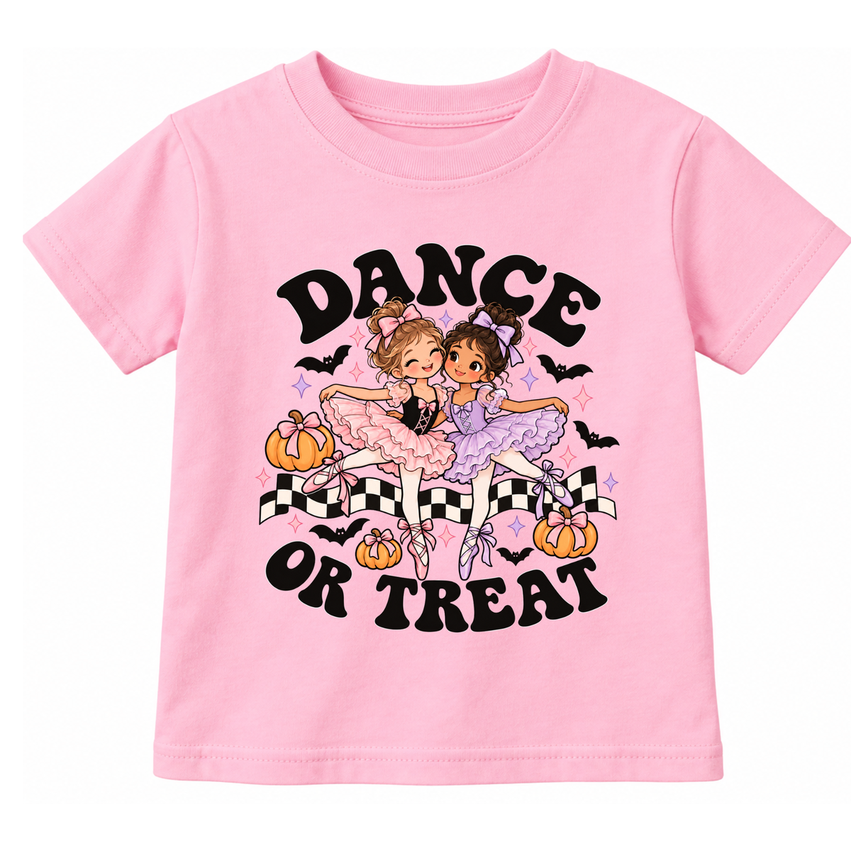 Pink girls Halloween ballet T-shirt featuring a Dance or Treat graphic with two ballerina best friends in pink and lavender tutus, ballet slippers, bows, pumpkins, bats, and black-and-white checkerboard accents. Cute Halloween dance shirt for girls, toddlers, and little ballerinas.