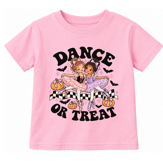 Pink girls Halloween ballet T-shirt featuring a Dance or Treat graphic with two ballerina best friends in pink and lavender tutus, ballet slippers, bows, pumpkins, bats, and black-and-white checkerboard accents. Cute Halloween dance shirt for girls, toddlers, and little ballerinas.