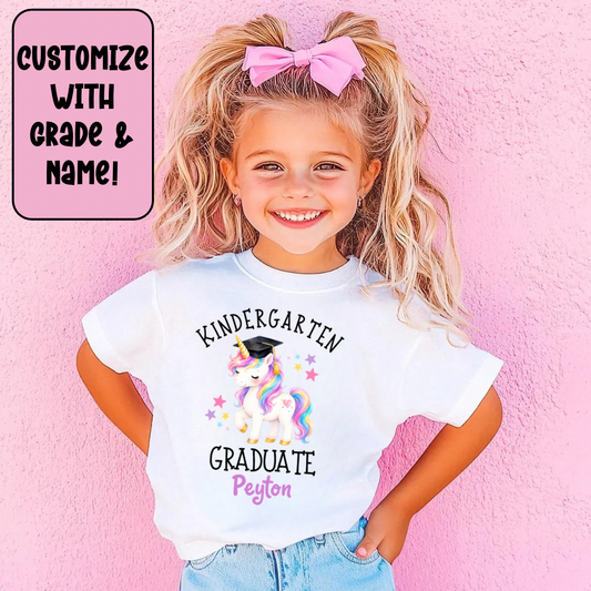 Custom Unicorn Graduation Shirt for Girls | Personalized Grade Level Graduation Tee | Preschool & Kindergarten Graduation Shirt