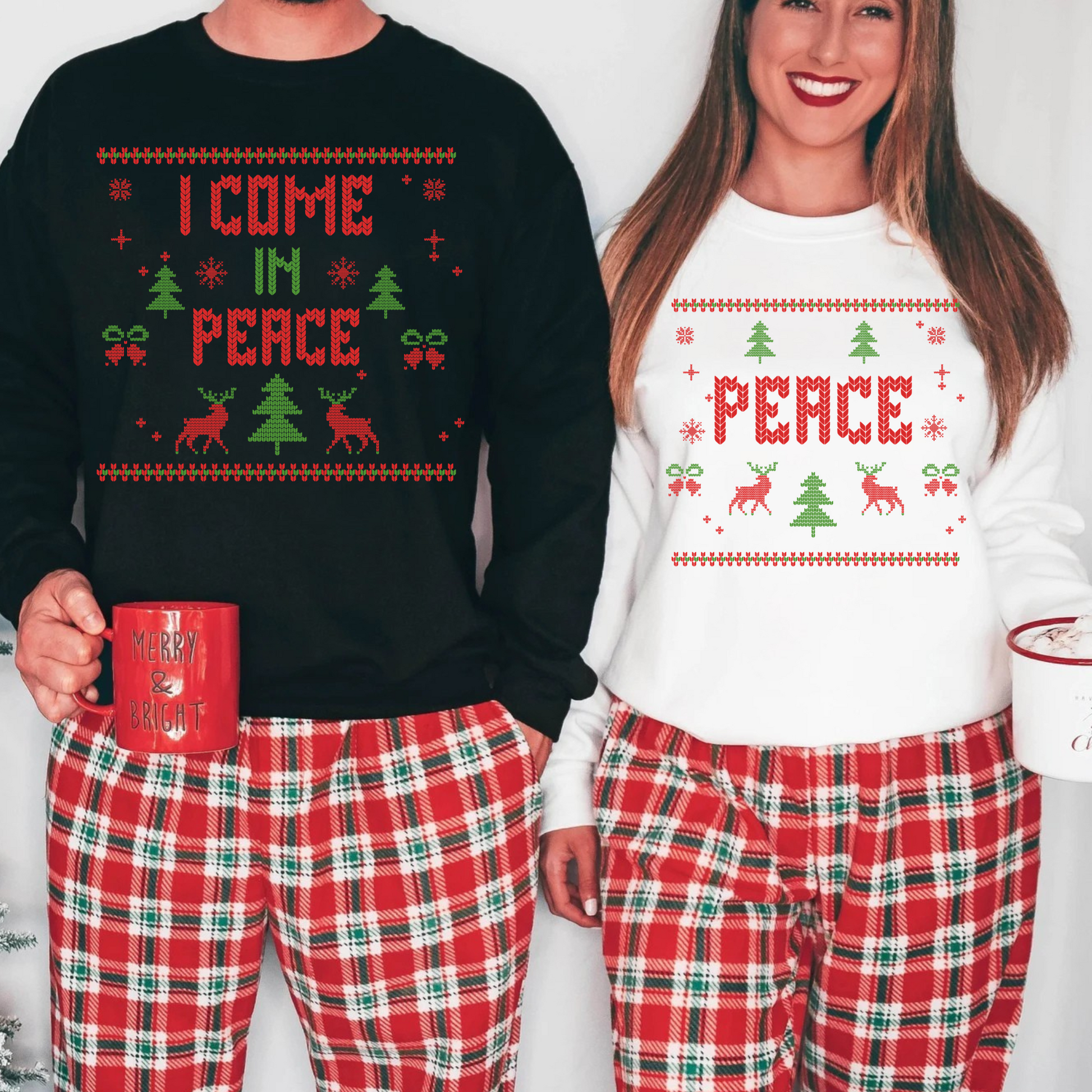His and hers matching Christmas sweatshirts, cozy ugly sweater party outfit, funny holiday couples gift idea