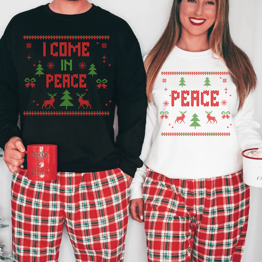 His and hers matching Christmas sweatshirts, cozy ugly sweater party outfit, funny holiday couples gift idea