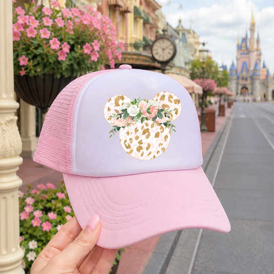 Light Pink Coquette Leopard Minnie Hat - Park Day Trucker Hat for Women | Theme Park Vacation Outfit