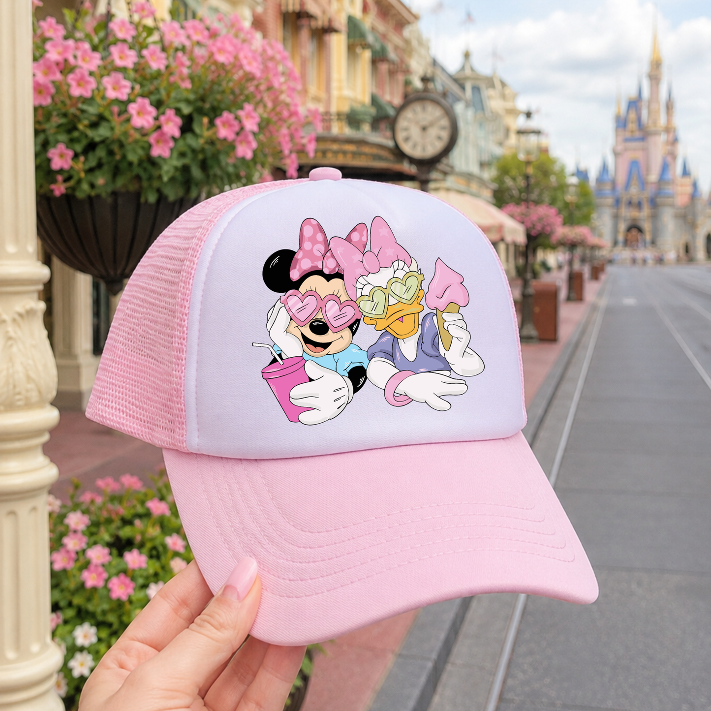 Light Pink Daisy & Minnie Hat - Park Day Trucker Hat for Women | Theme Park Vacation Outfit