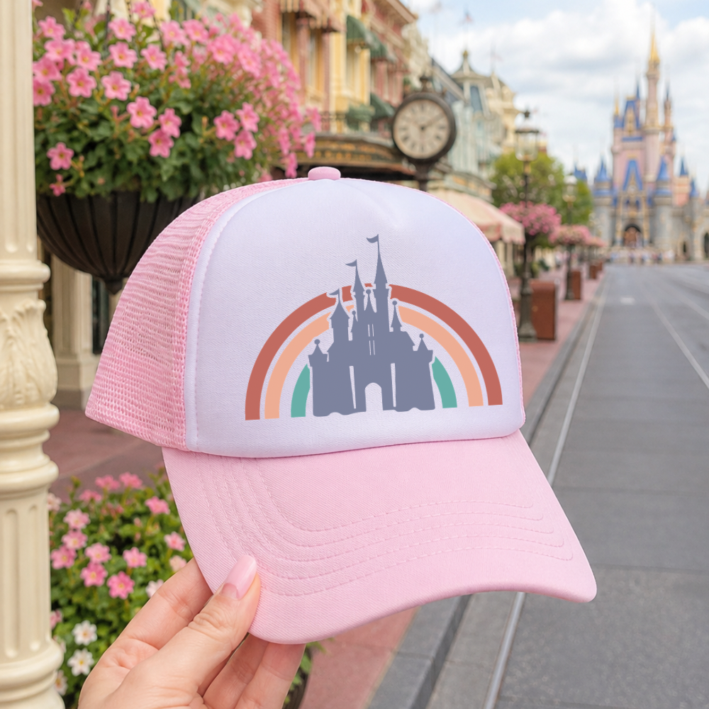 Light Pink Castle Rainbow Hat - Park Day Trucker Hat for Women | Theme Park Vacation Outfit