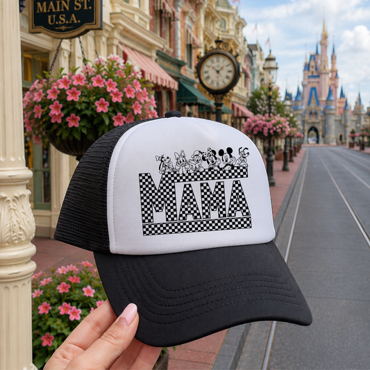 BLACK & WHITE CHECKERED DIS MAMA HAT - Park Day Trucker Hat for Women | Theme Park Vacation Outfit