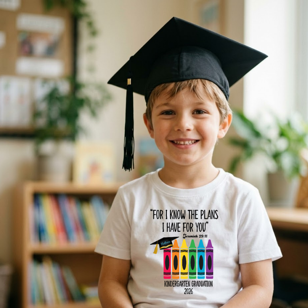 Custom Christian Graduation Shirt for Kids | Bible Verse Graduation Tee for Boys & Girls | Faith Graduation Outfit | Kindergarten & Preschool Grad Shirt