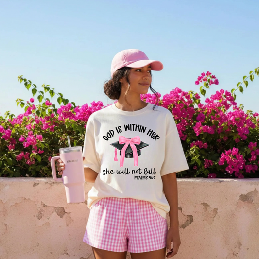 Christian Graduation Comfort Colors Shirt | God Is Within Her She Will Not Fall Tee | Pink Coquette Bible Verse Shirt | Faith Graduation Outfit for Women
