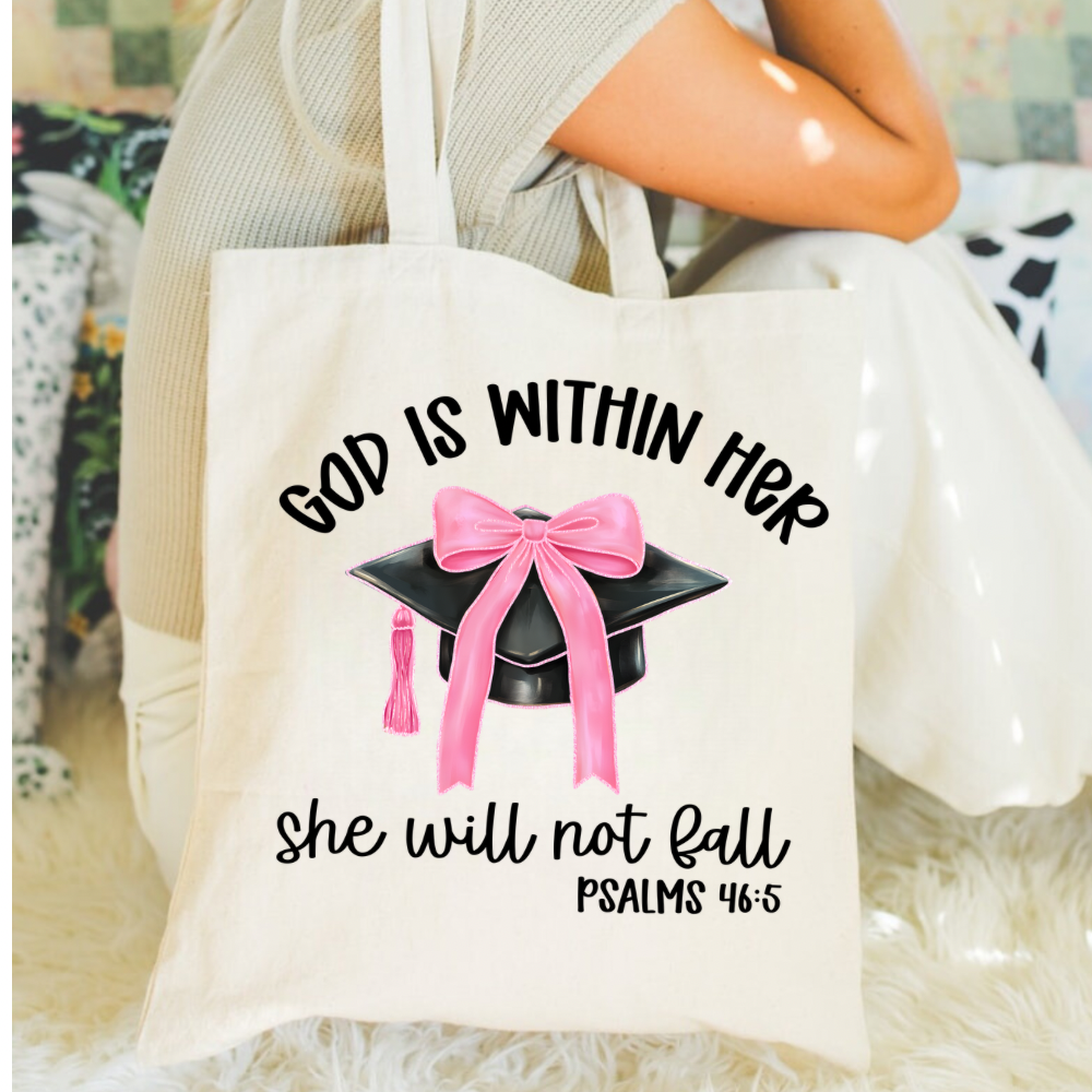 Christian Graduation Tote Bag | God Is Within Her She Will Not Fall Bag | Pink Coquette Bible Verse Tote | Faith Graduation Gift for Her