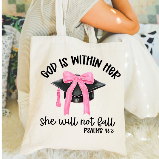 Christian Graduation Tote Bag | God Is Within Her She Will Not Fall Bag | Pink Coquette Bible Verse Tote | Faith Graduation Gift for Her
