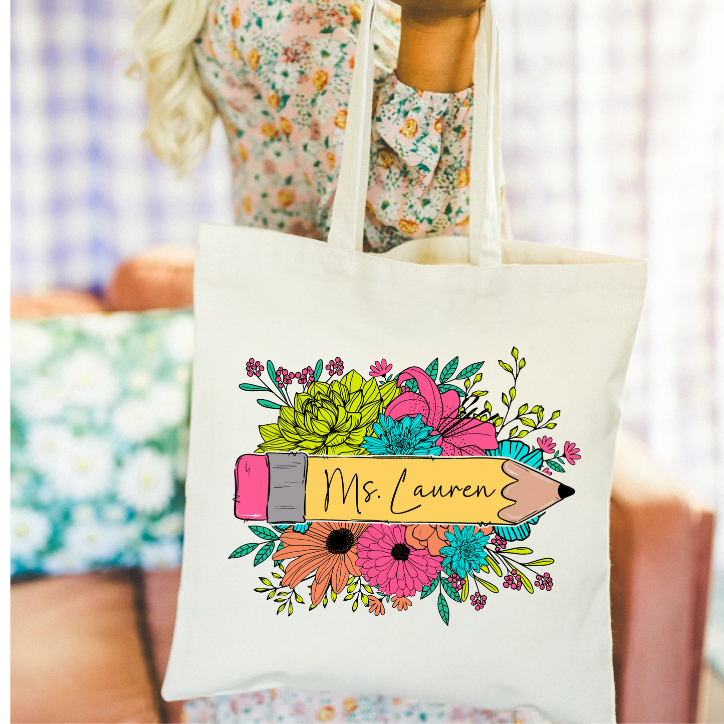 Personalized Floral Teacher Tote Bag