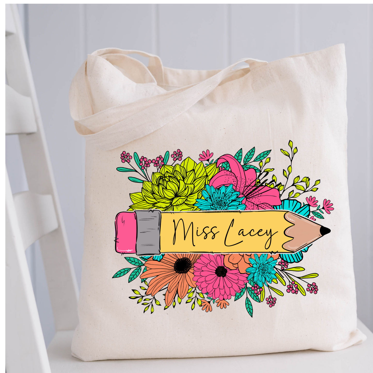 Personalized Floral Teacher Tote Bag