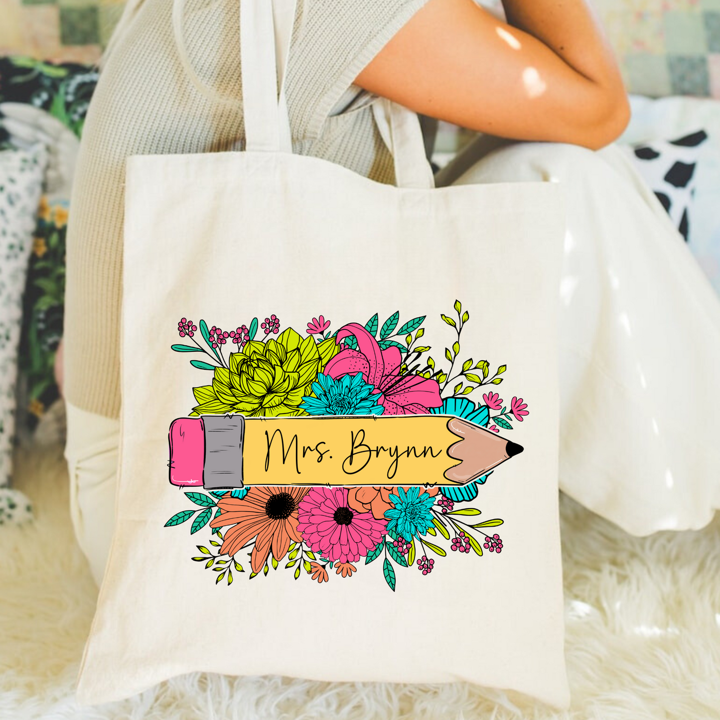 Personalized Floral Teacher Tote Bag