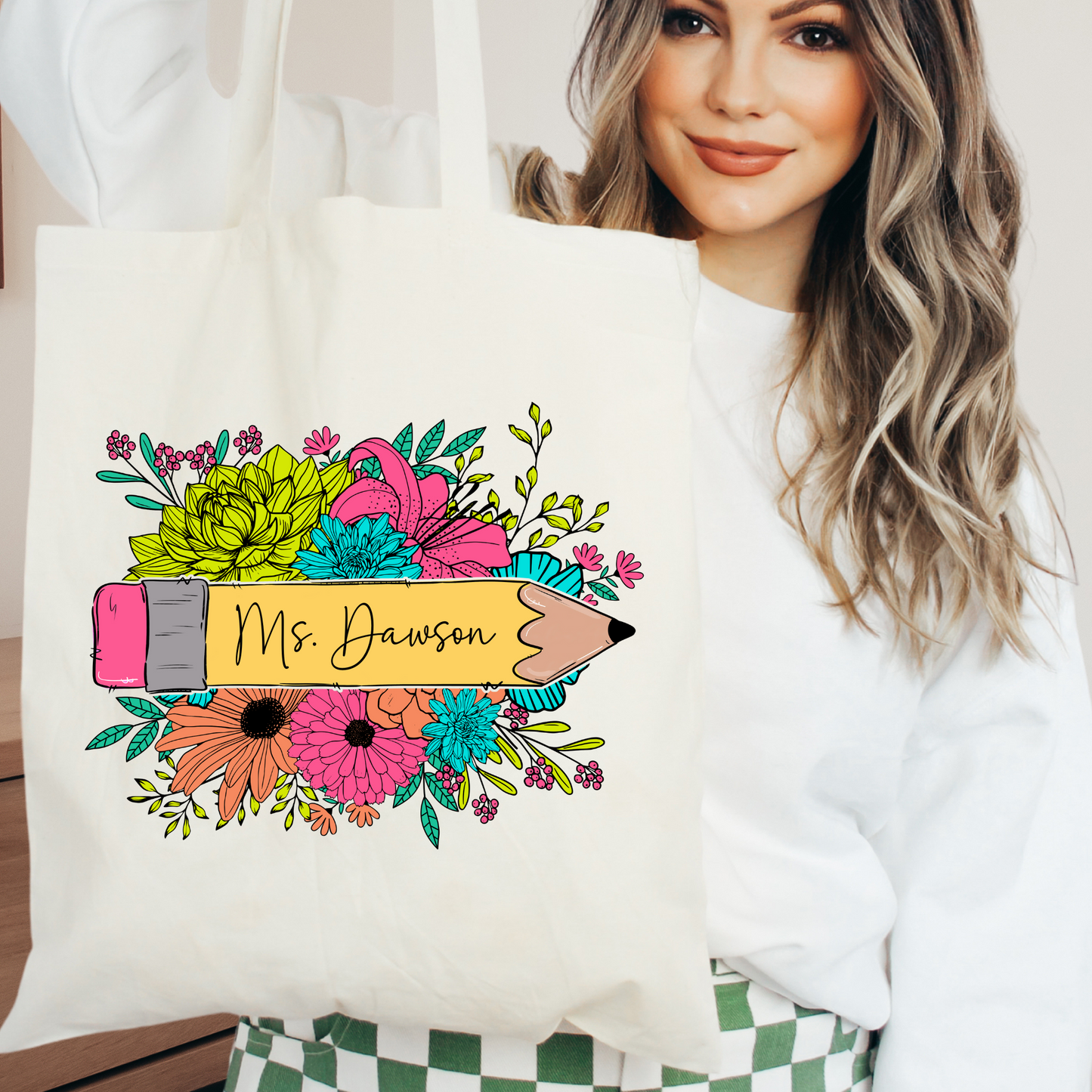 Personalized Floral Teacher Tote Bag