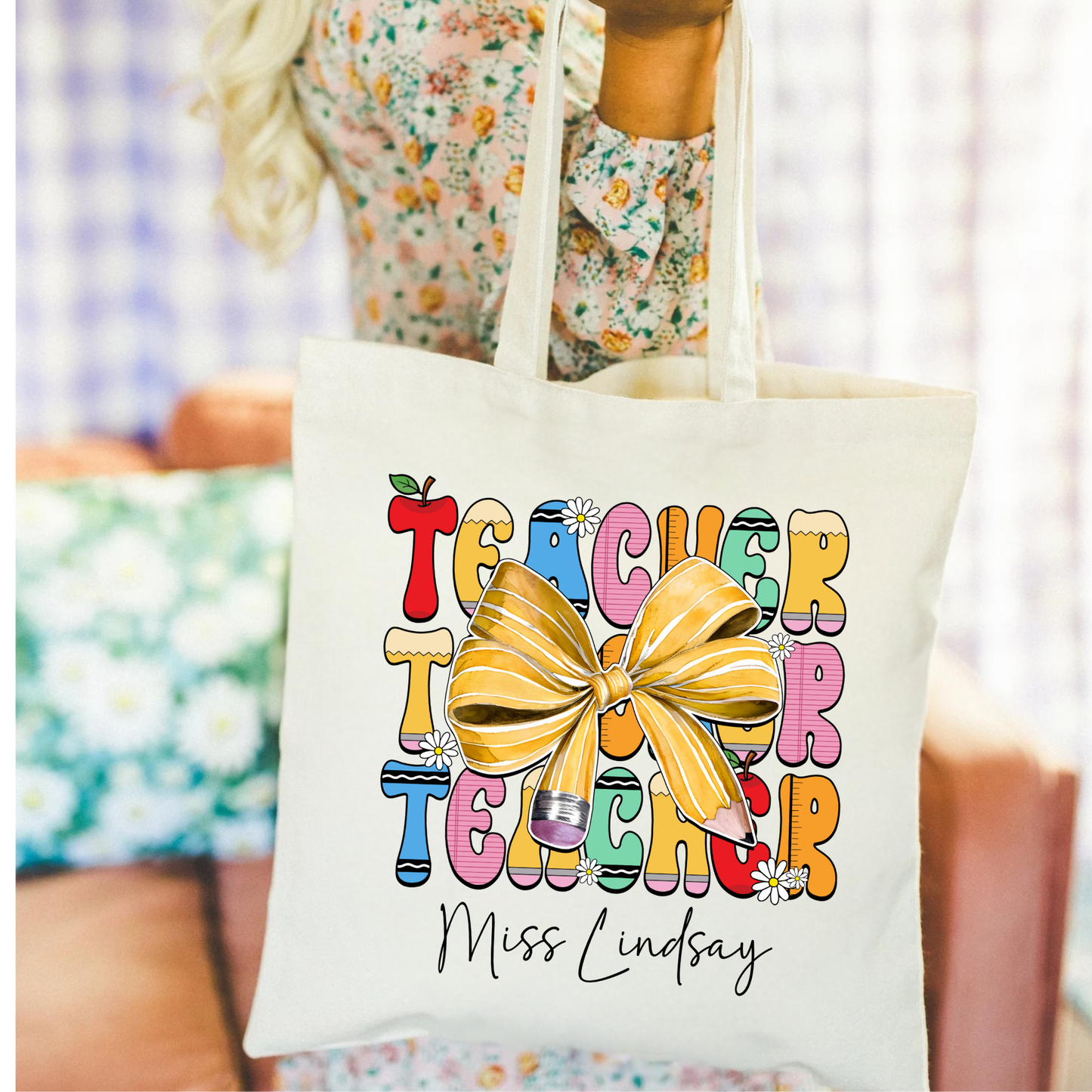Personalized Pencil Bow Teacher Tote Bag