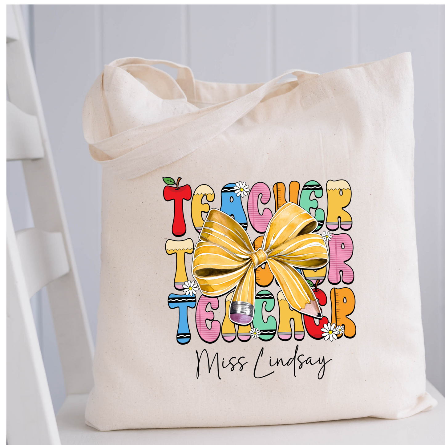 Personalized Pencil Bow Teacher Tote Bag