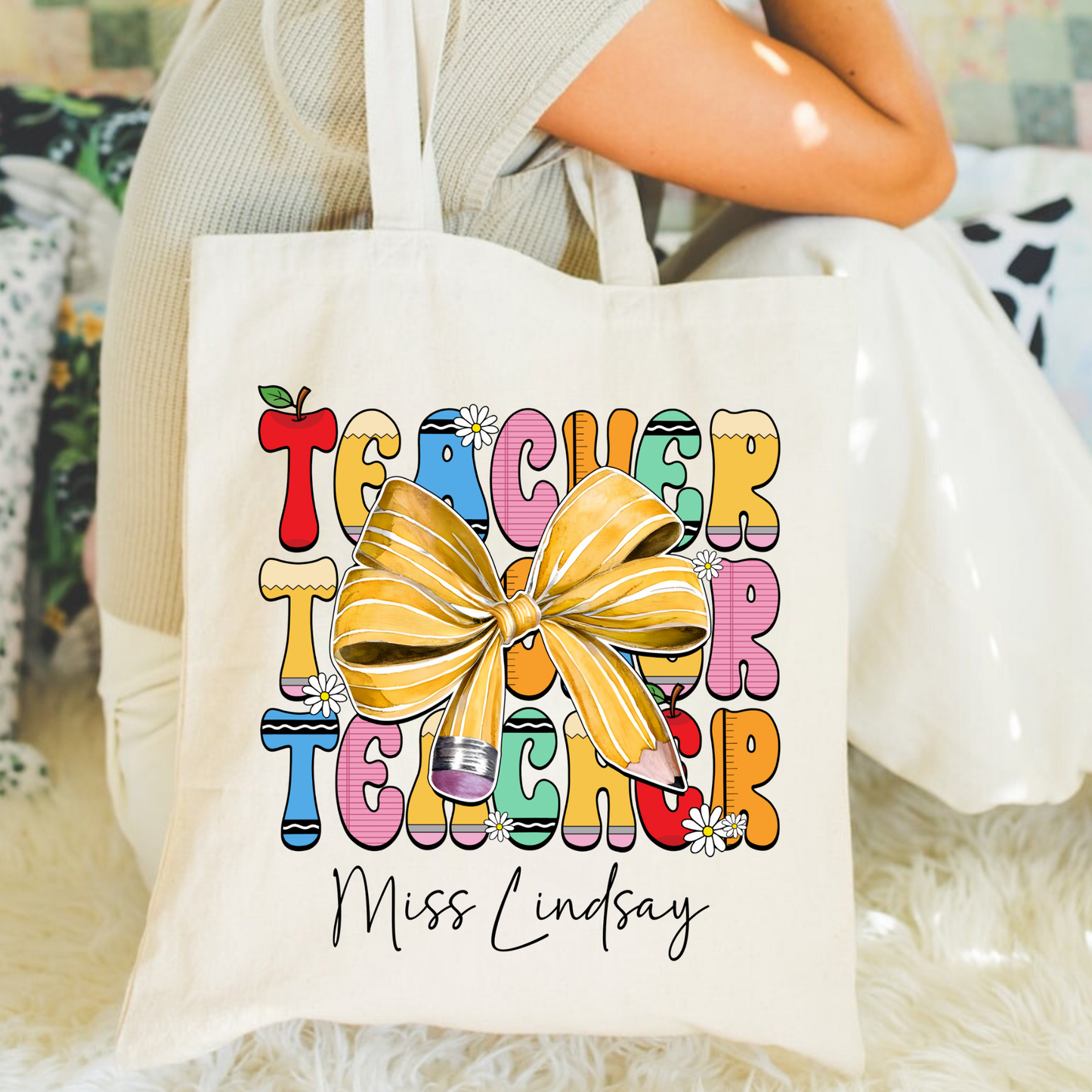Personalized Pencil Bow Teacher Tote Bag