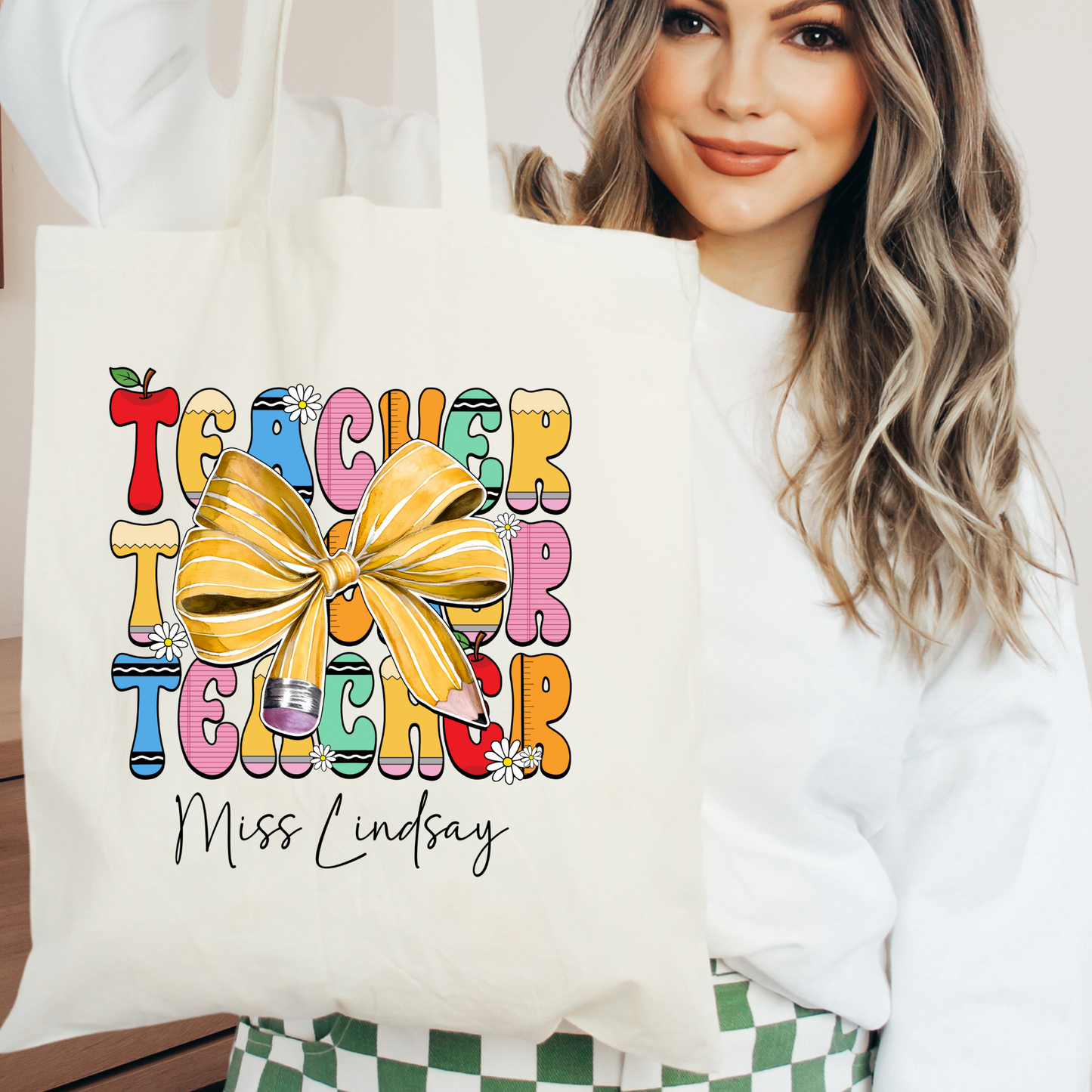 Personalized Pencil Bow Teacher Tote Bag