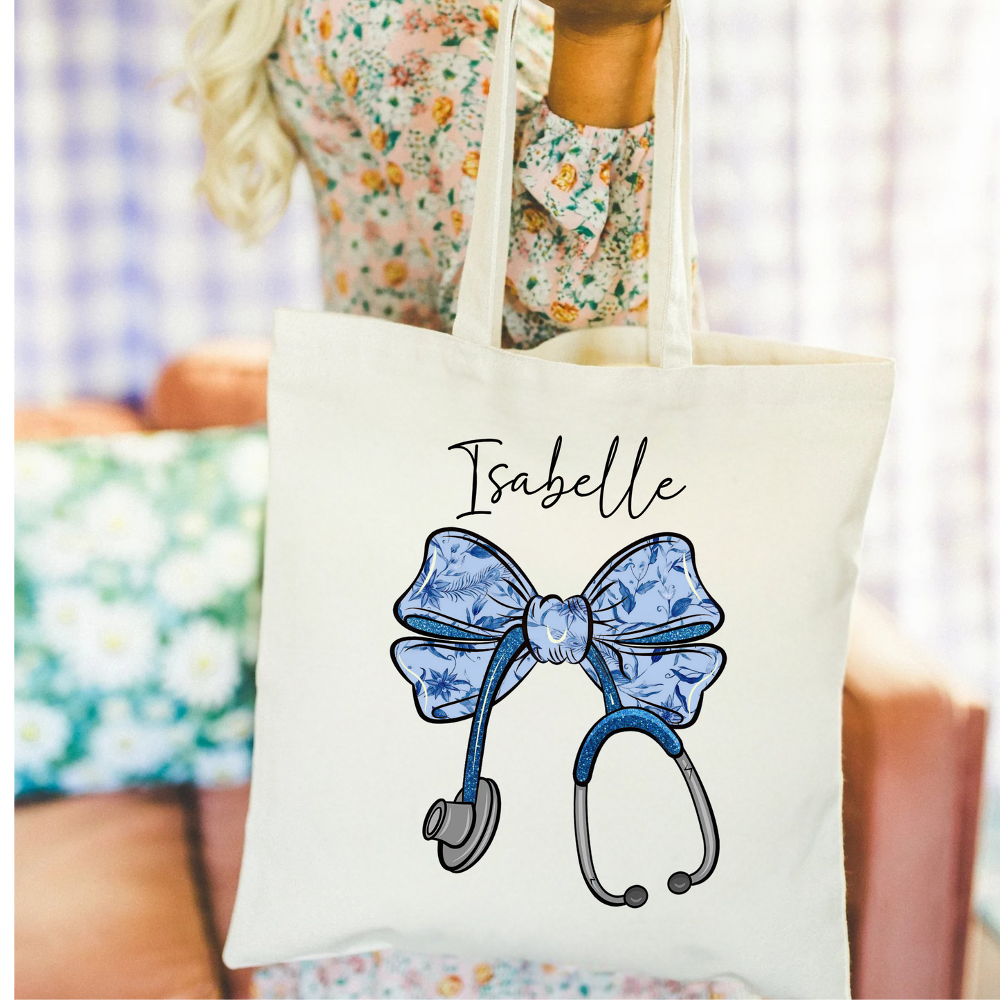 Personalized Nurse Stethoscope Bow Tote Bag