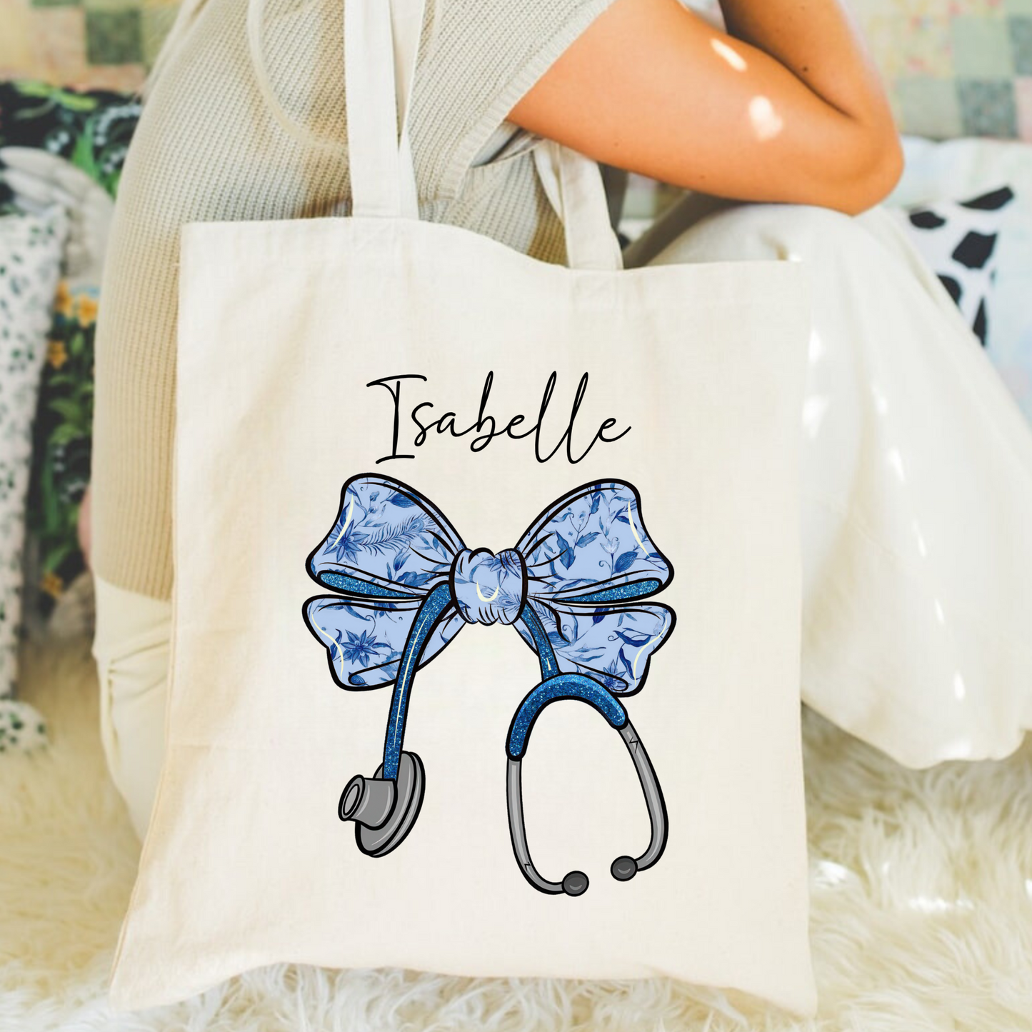 Personalized Nurse Stethoscope Bow Tote Bag