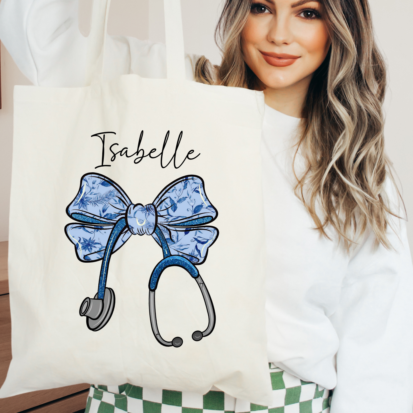 Personalized Nurse Stethoscope Bow Tote Bag