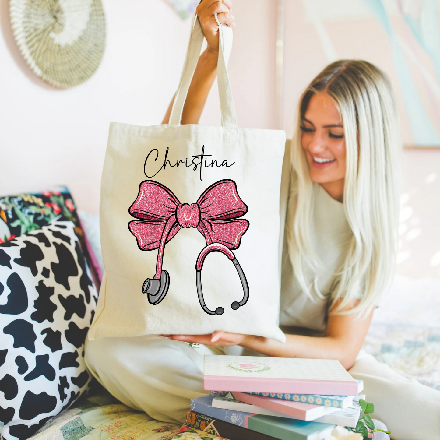 Personalized Nurse Stethoscope Bow Tote Bag