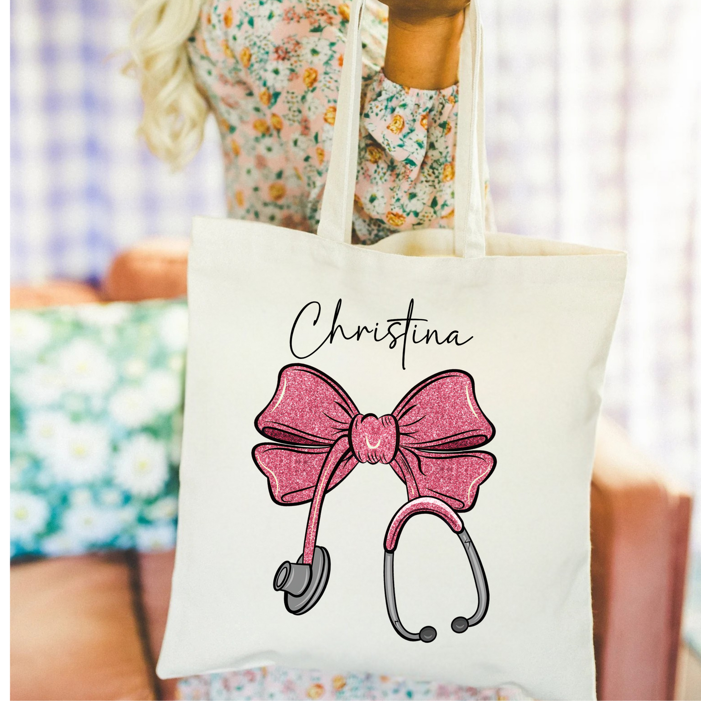 Personalized Nurse Stethoscope Bow Tote Bag