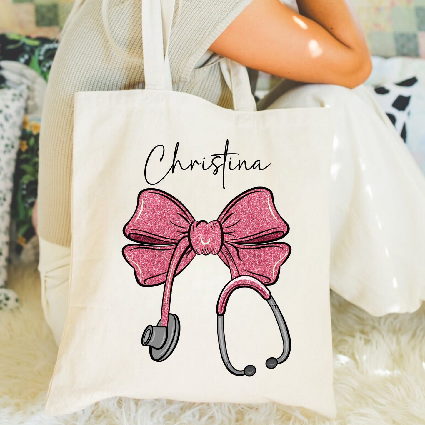 Personalized Nurse Stethoscope Bow Tote Bag