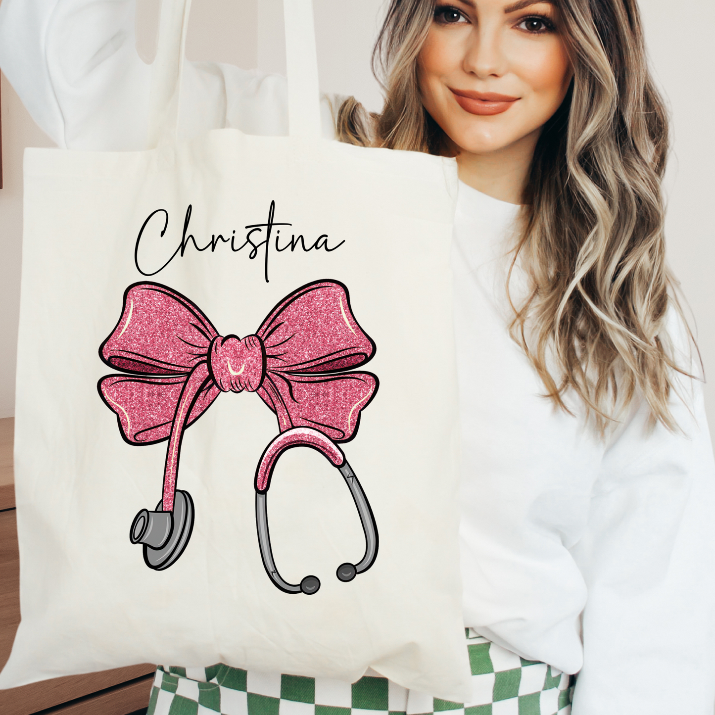 Personalized Nurse Stethoscope Bow Tote Bag