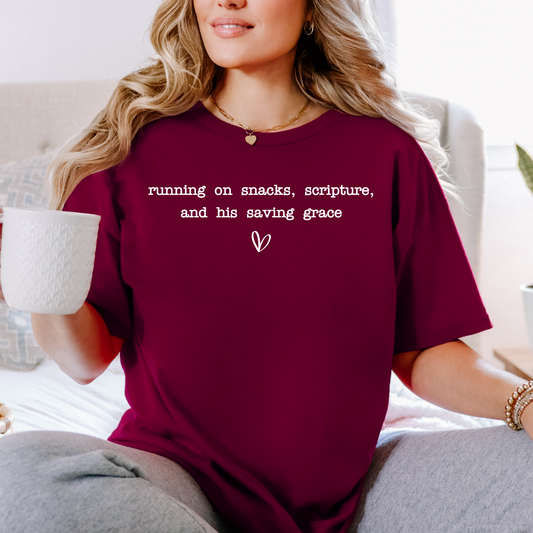 Running on Snacks, Scripture & Saving Grace | Christian Shirt for Women - Sunday Grace
