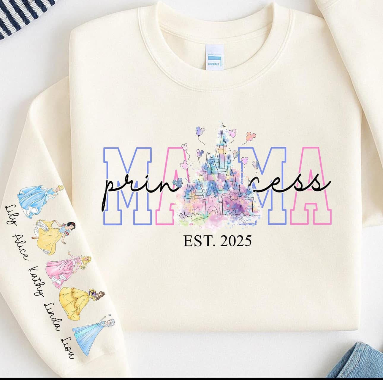 Custom Princess Mama Sweatshirt with Kids Names on Sleeve