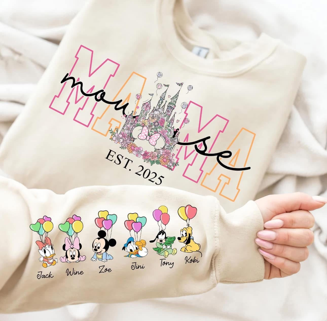 Custom Mouse Castle Mama Sweatshirt with Kids Names on Sleeve