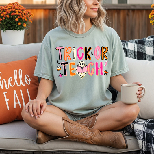Pink “Trick or Teach” Halloween Shirt for Teachers | Comfort Colors | Cute Spooky Teacher Tee
