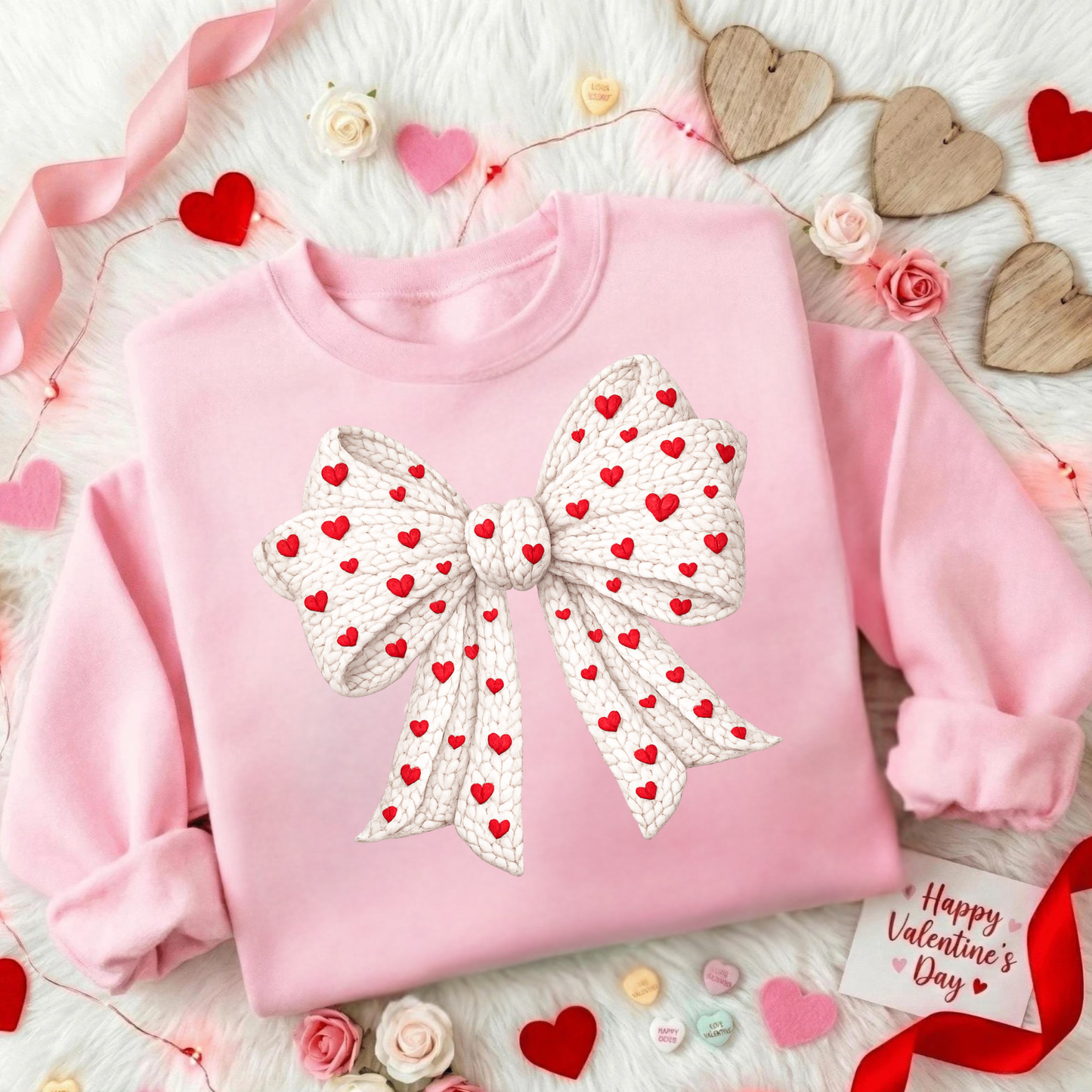 Valentine’s Day Bow Sweatshirt for Women | Cozy Pink Heart Bow Crewneck | Cute Valentine Gift for Her