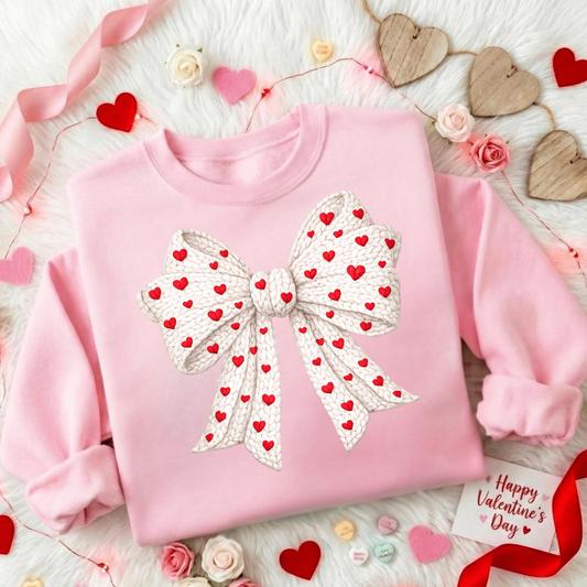 Valentine’s Day Bow Sweatshirt for Women | Cozy Pink Heart Bow Crewneck | Cute Valentine Gift for Her