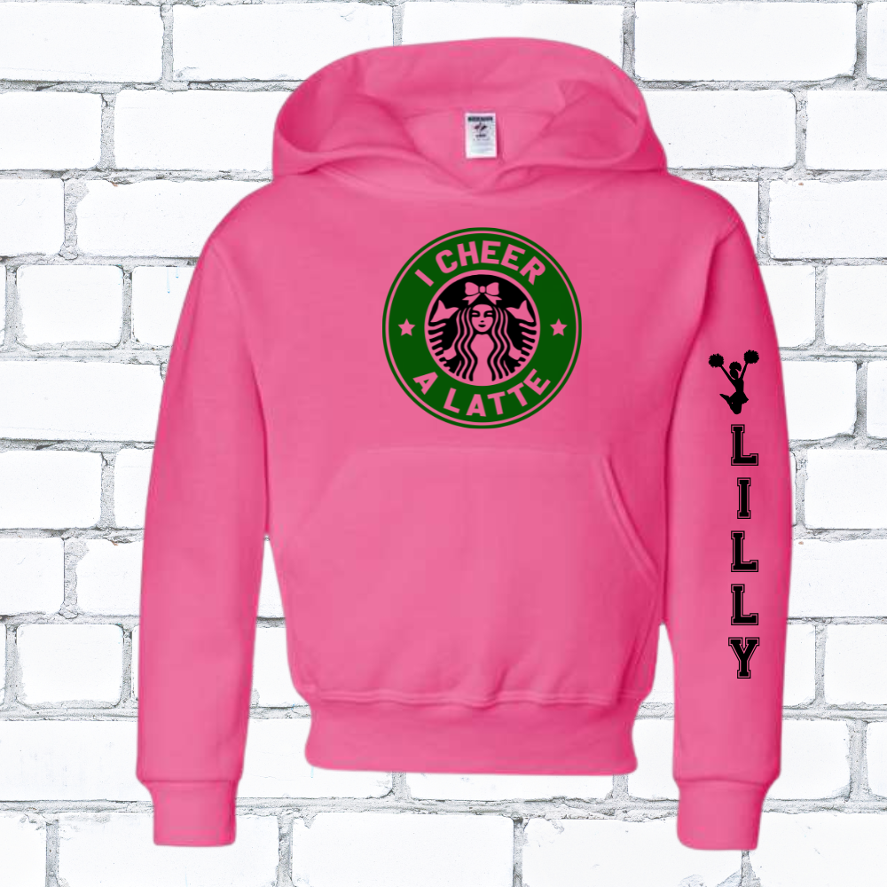 Youth Cheerleader Sweatshirt — “I Cheer a Latte” (Custom Name Sleeve)